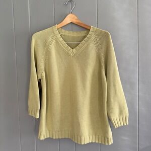 Light Green 100% Cotton Knit V‎ Neck Sweater 3/4 Sleeve Minimalist Preppy M
